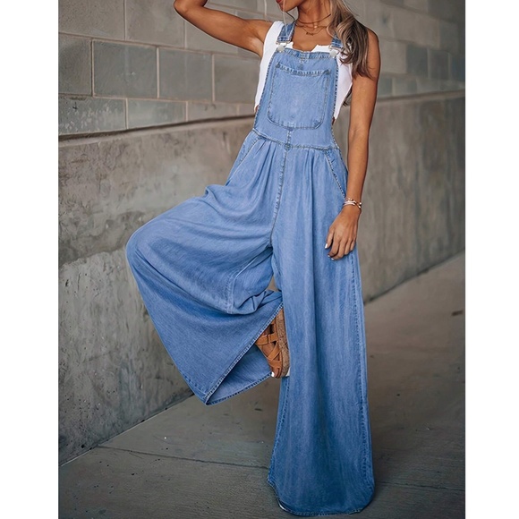 Medium Wash Pockets Wide leg Jean Denim overalls - Picture 3 of 6
